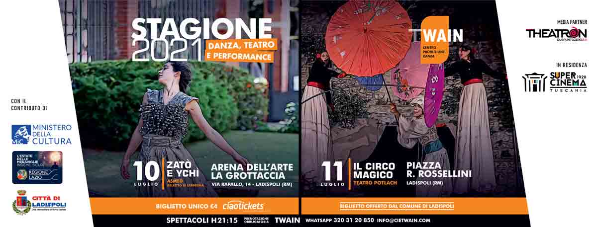 Ladispoli, teatro, danza e performance organizzata da TWAIN Centro Produzione Danza all’Arena dell'Arte “La Grottaccia” e in Piazza Rossellini