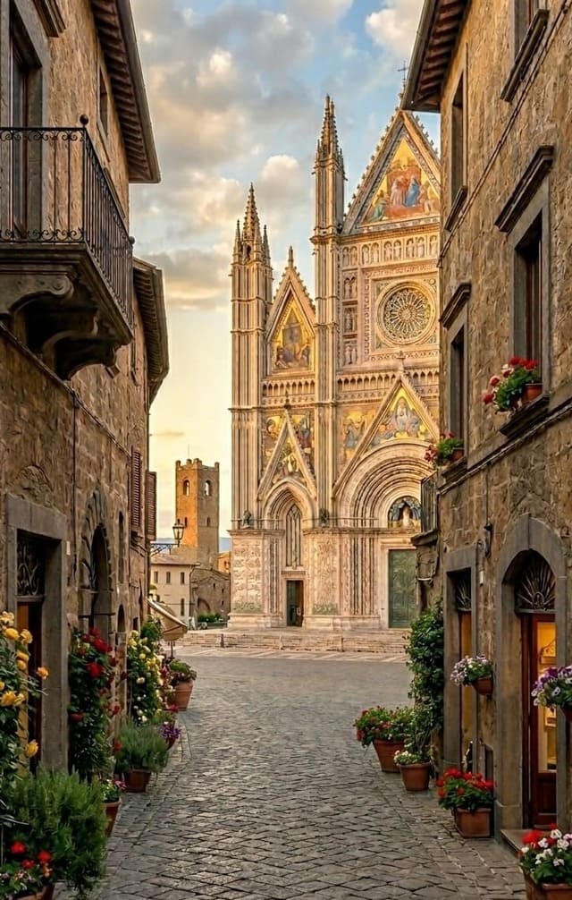Duomo di Orvieto visto da un vicolo del centro storico con case in pietra e vasi di fiori colorati lungo la strada