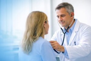 Medico che esegue una visita di controllo con stetoscopio durante una giornata dedicata alla prevenzione sanitaria