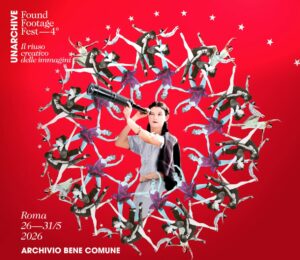 Poster UnArchive Found Footage Fest 2026 a Roma con figura centrale e composizione circolare di danzatori su sfondo rosso
