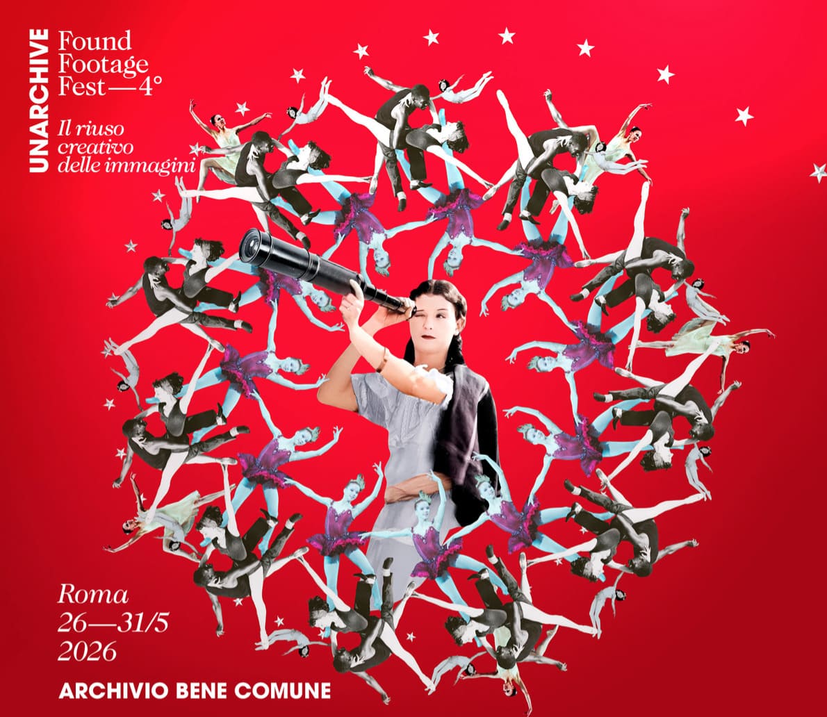 UnArchive Found Footage Fest 2026 (30 aprile, Real Academia de España en Roma) 61 Poster UnArchive Found Footage Fest 2026 a Roma con figura centrale e composizione circolare di danzatori su sfondo rosso