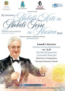 Locandina del recital del pianista Leonardo Saraceni ad Anguillara Sabazia per Nobili Arti in Nobili Terre in Musica 2026