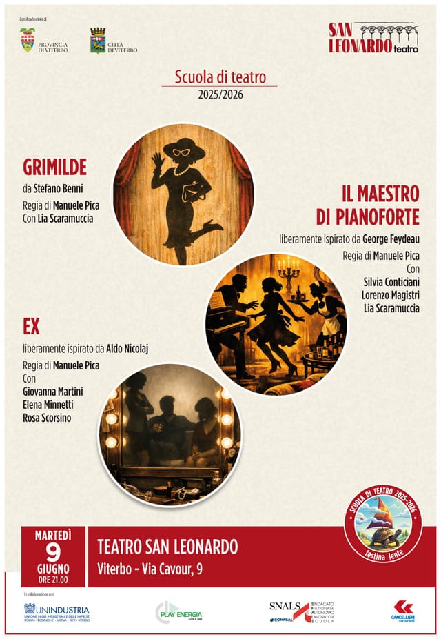 Locandina degli spettacoli di giugno della Scuola di Teatro San Leonardo di Viterbo