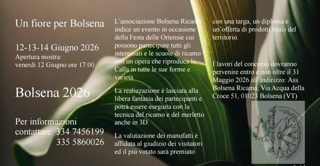Locandina del concorso Un fiore per Bolsena 2026 dedicato alla calla, in occasione della Festa delle Ortensie a Bolsena.