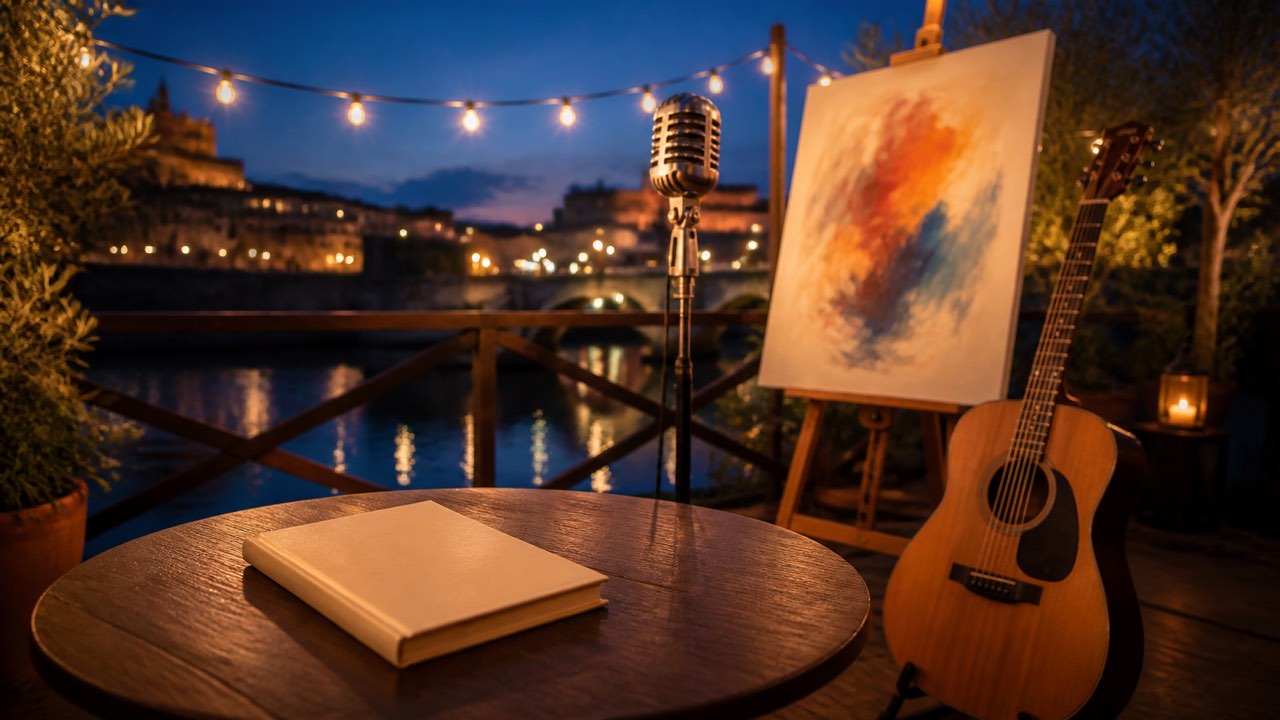 Cadenze Letterarie cresce a Roma e prepara il ritorno a Fiumicino 66 Libro, microfono, chitarra e quadro durante una serata culturale sul lungofiume