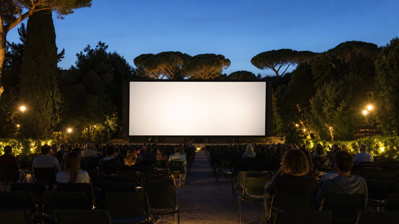 Cinema all’aperto a Roma: il programma dal 10 al 16 agosto 2026 64 Arena cinematografica all’aperto in un parco di Roma durante una sera d’estate
