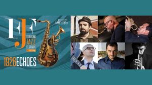 Grafica ufficiale del Fiumicino Jazz Festival 2026 con strumenti e musicisti