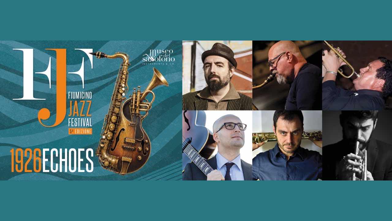 Fiumicino Jazz Festival 2026: programma e concerti al Museo del Saxofono 62 Grafica ufficiale del Fiumicino Jazz Festival 2026 con strumenti e musicisti