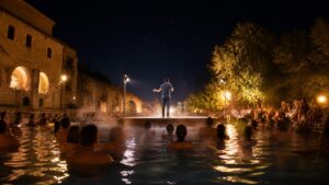 Spettacolo comico serale davanti al pubblico nella piscina termale