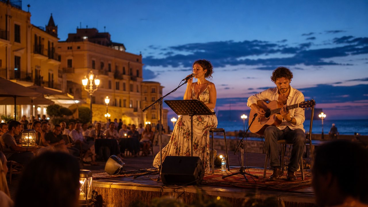 Duo acustico con cantante e chitarrista durante un concerto serale in una piazza sul mare