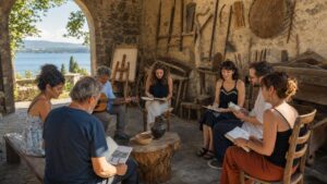 Gruppo di persone con musica e quaderni creativi in un museo rurale affacciato sul lago
