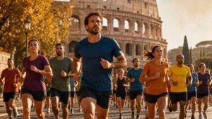 Gruppo di runner durante una mezza maratona nel centro di Roma con il Colosseo sullo sfondo