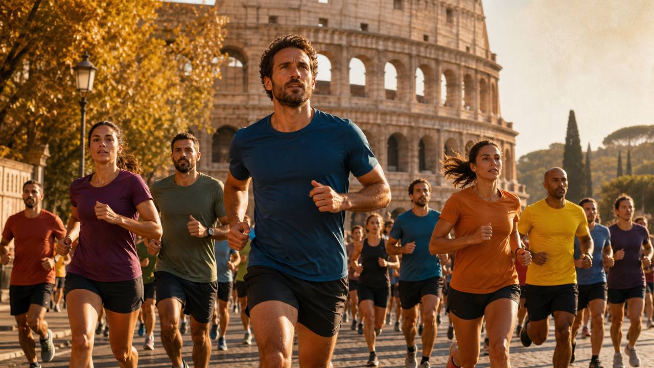 Rome Half Marathon 2026: nuova maglia, sold out e Charity Program 69 Gruppo di runner durante una mezza maratona nel centro di Roma con il Colosseo sullo sfondo